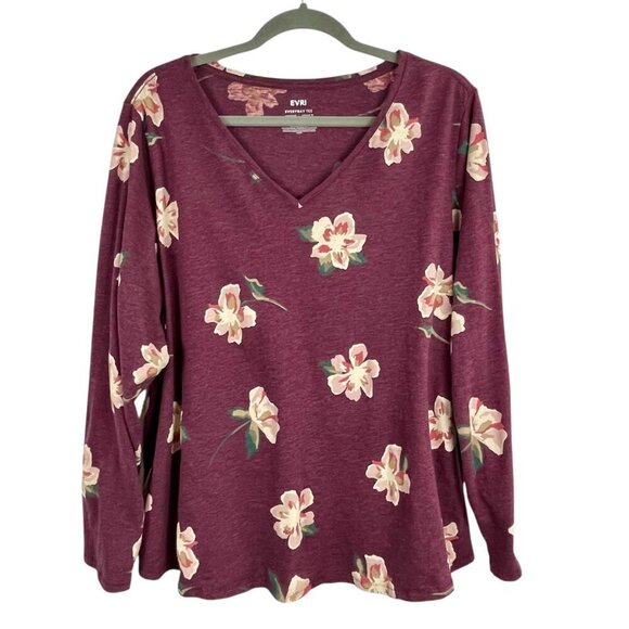 EVRI Everyday Tee Plum Floral V-Neck Long Sleeve Relaxed Fit Cotton Blend 2X - Picture 12 of 13